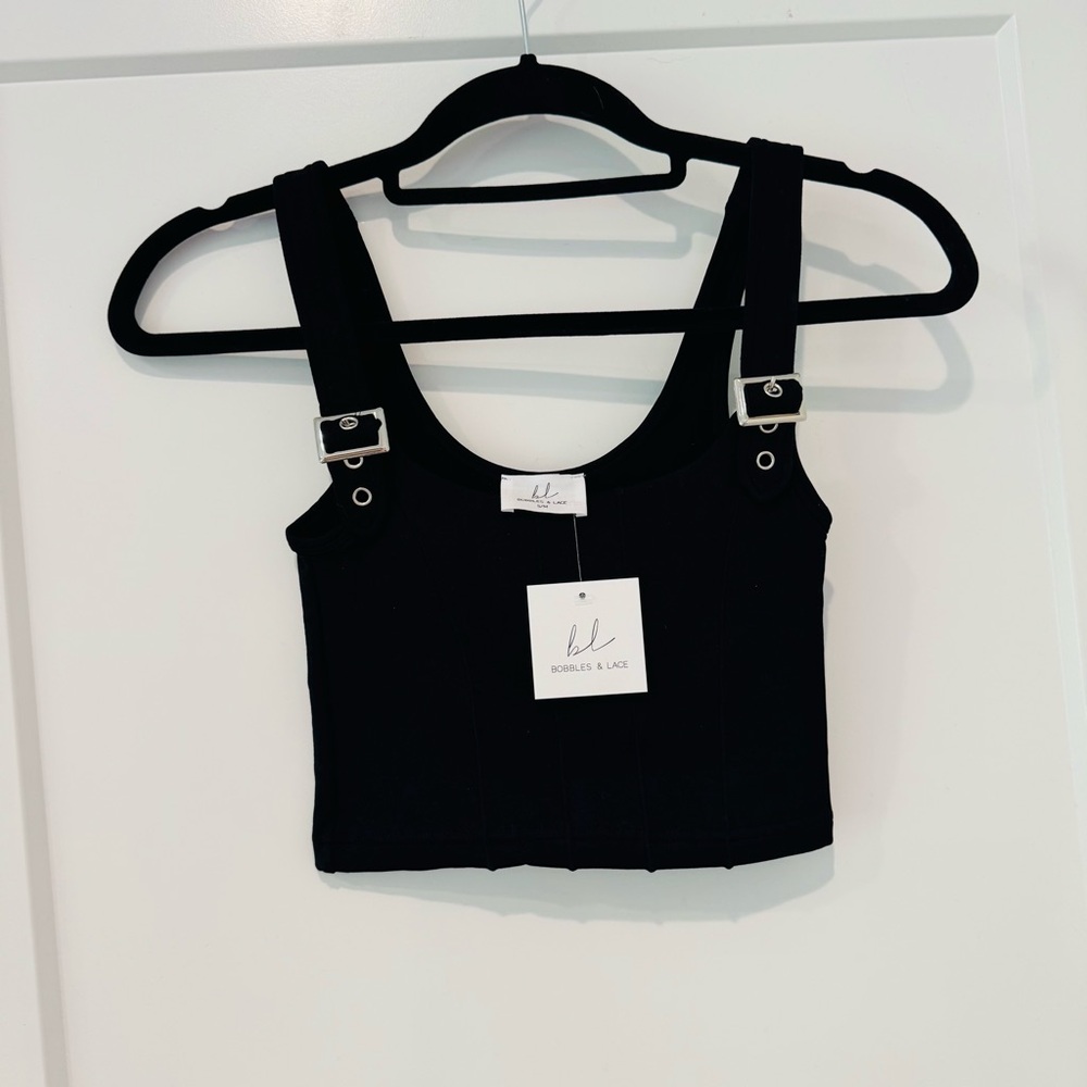 NWT Bobbles & Lace Black Stretch Crop Top, S/M